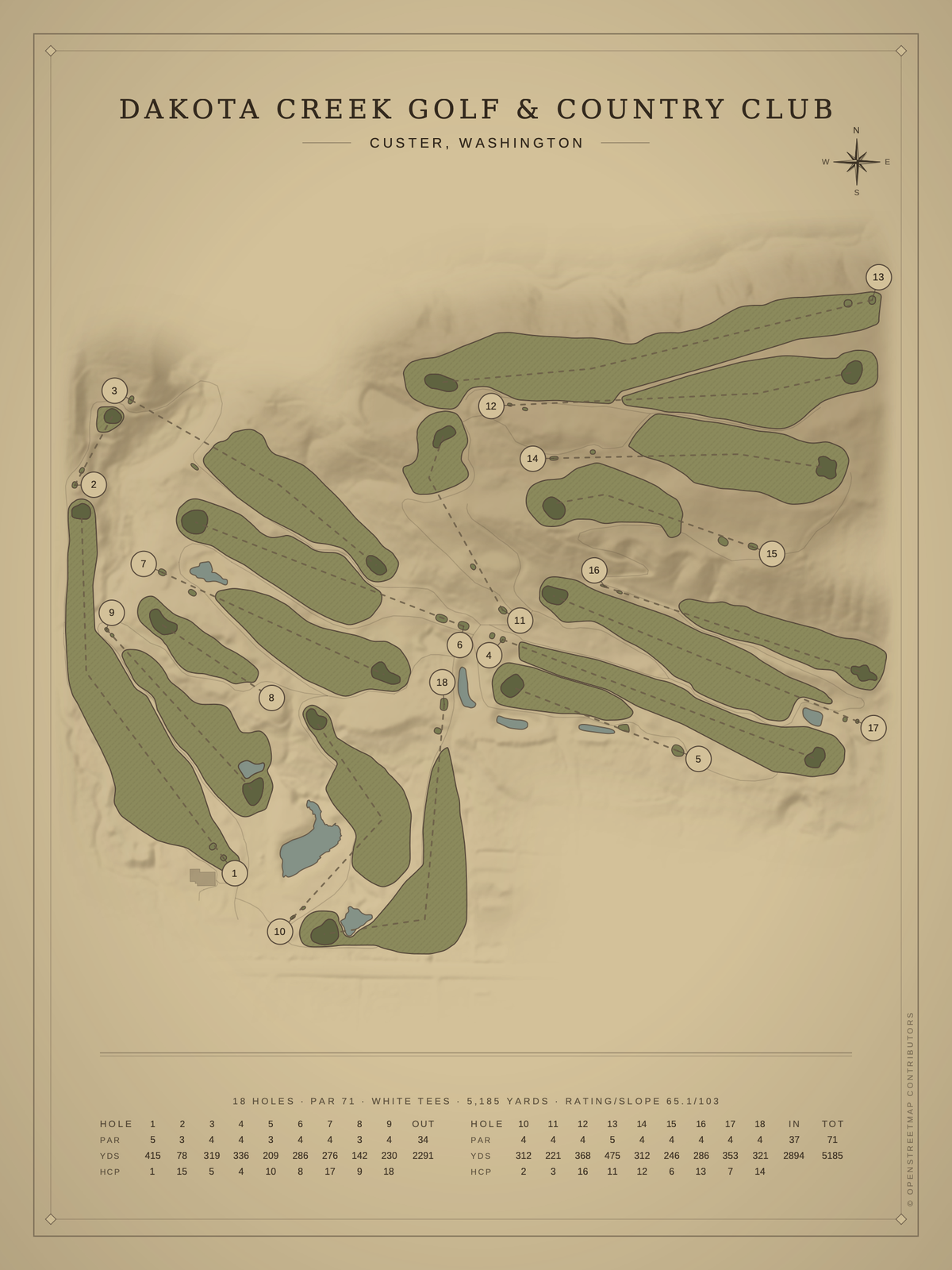 Dakota Creek Golf & Country Club course map poster, Vintage style, 12×16 / 18×24