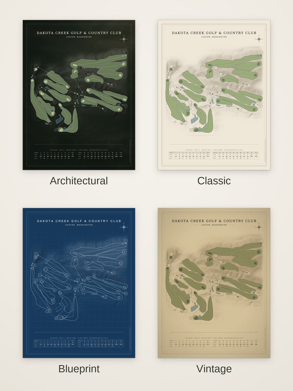 Dakota Creek Golf & Country Club course map poster in four styles: Architectural, Classic, Blueprint and Vintage