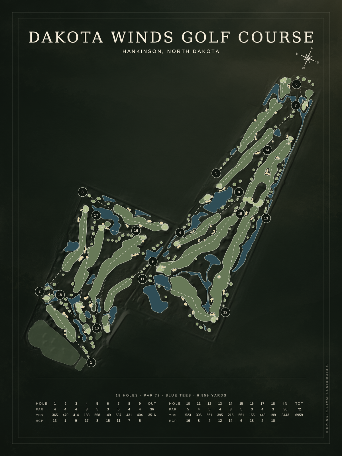 Dakota Winds Golf Course map poster, Architectural style, 12×16 / 18×24