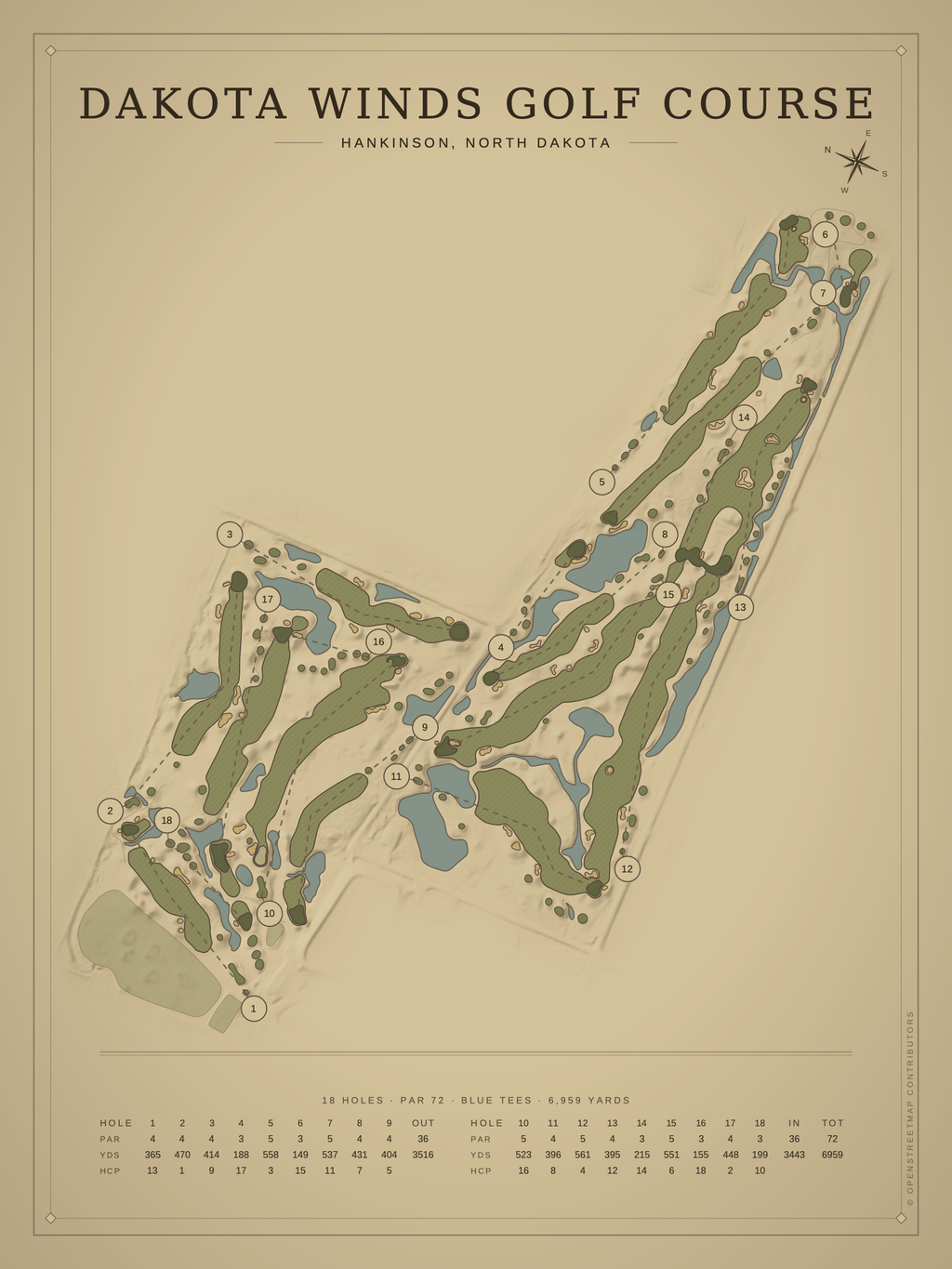 Dakota Winds Golf Course map poster, Vintage style, 12×16 / 18×24