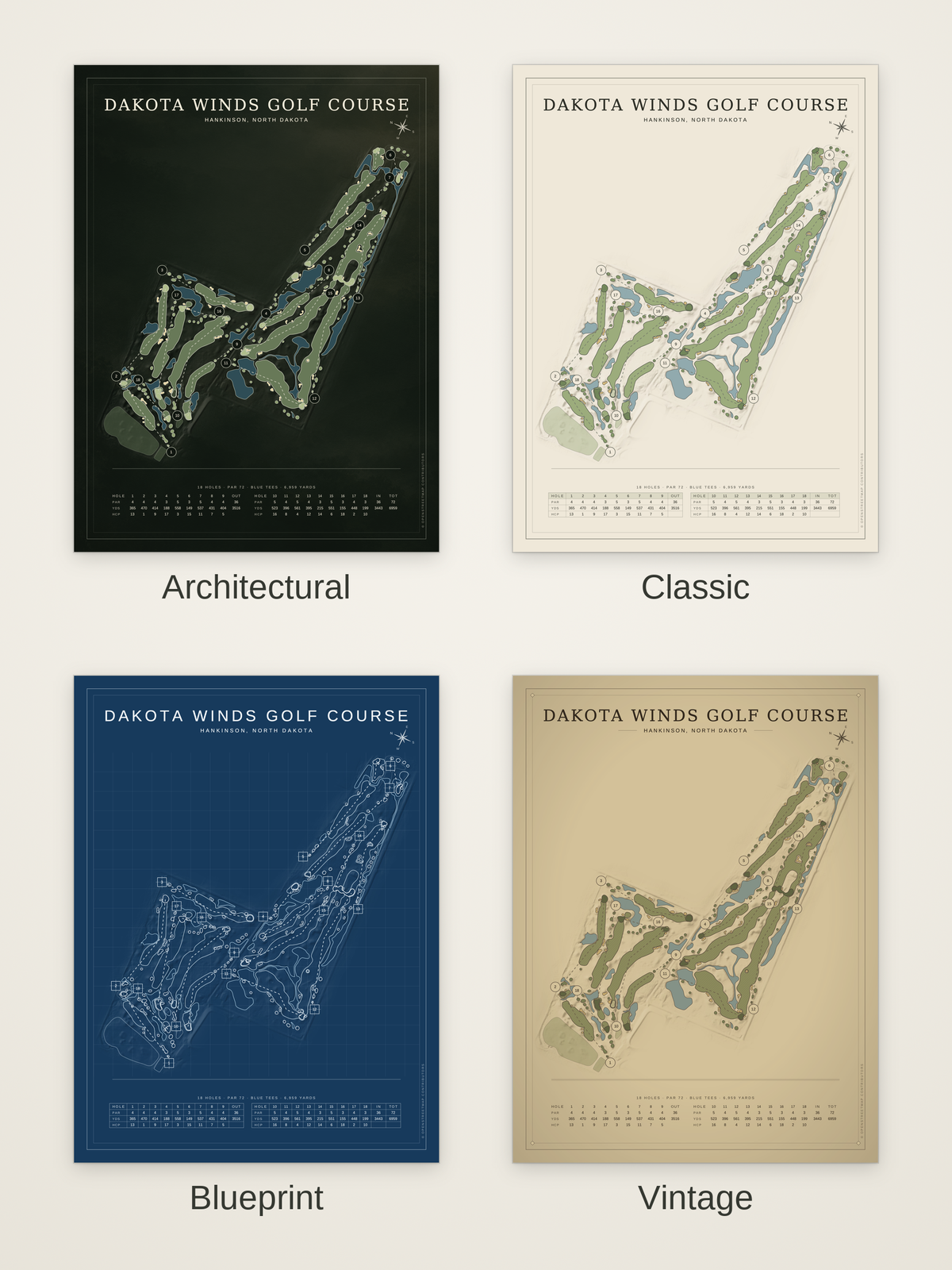 Dakota Winds Golf Course map poster in four styles: Architectural, Classic, Blueprint and Vintage
