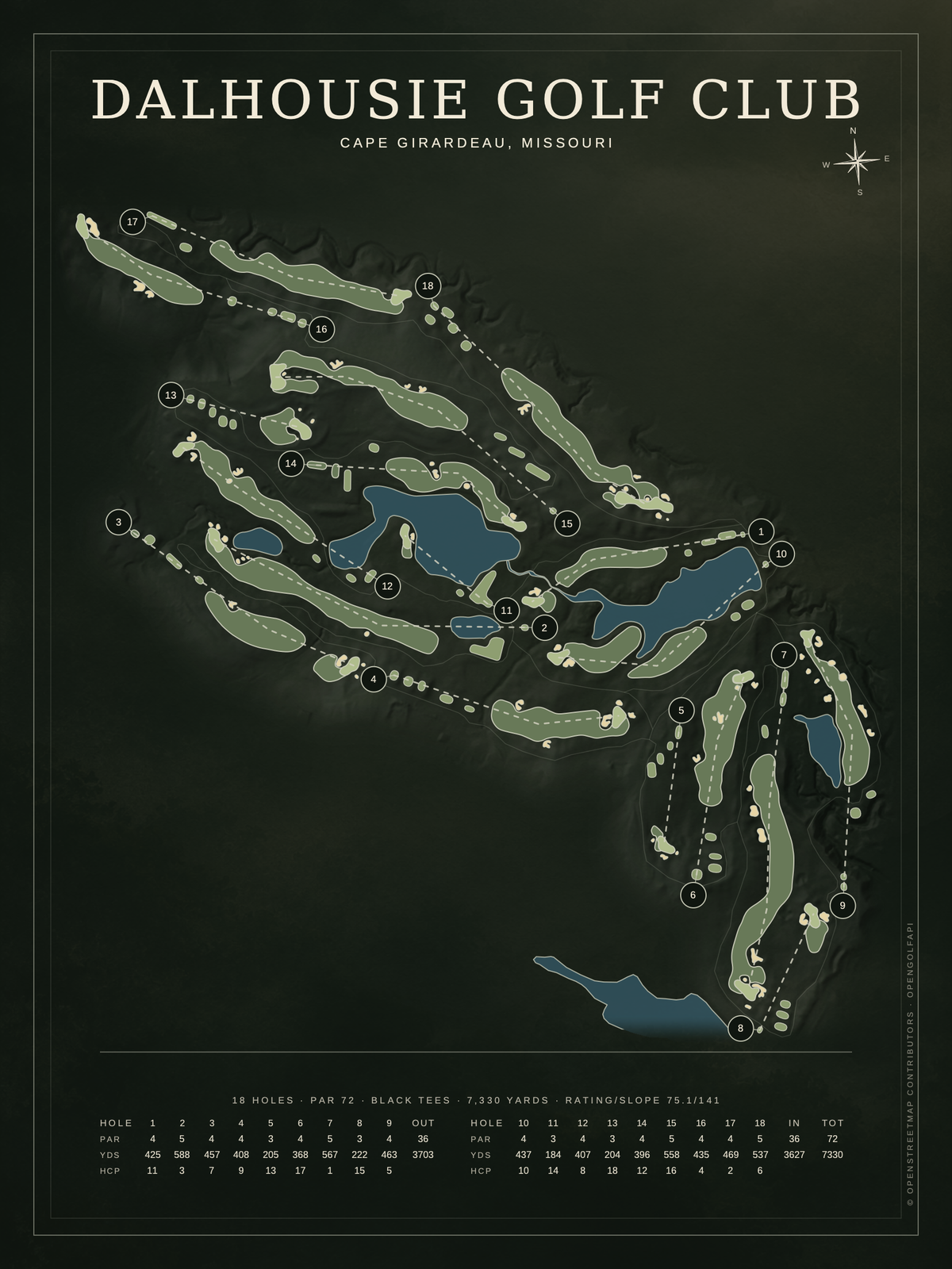 Dalhousie Golf Club course map poster, Architectural style, 12×16 / 18×24
