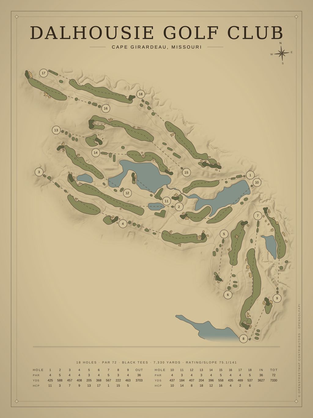 Dalhousie Golf Club course map poster, Vintage style, 12×16 / 18×24