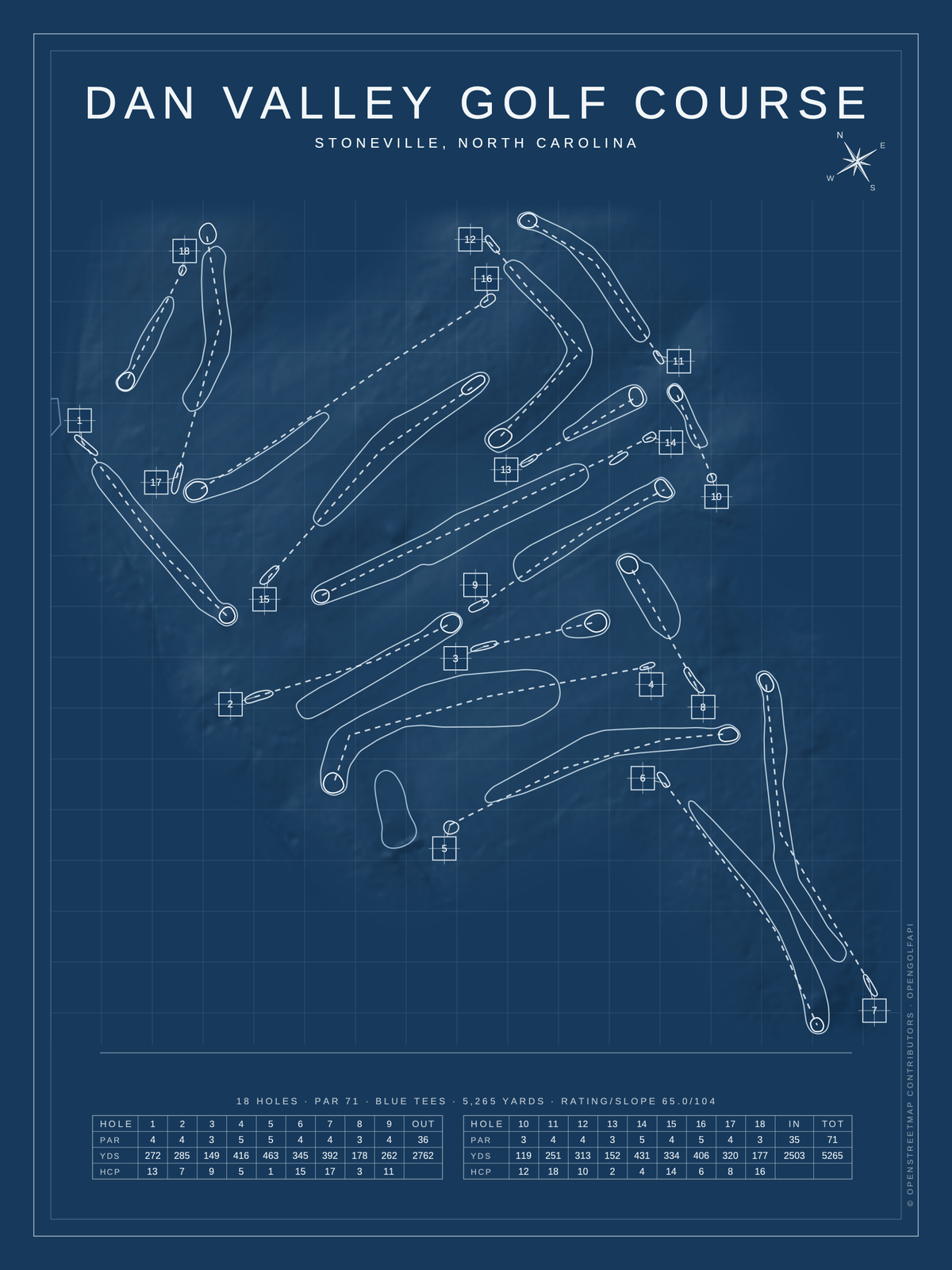 Dan Valley Golf Course map poster, Blueprint style, 12×16 / 18×24