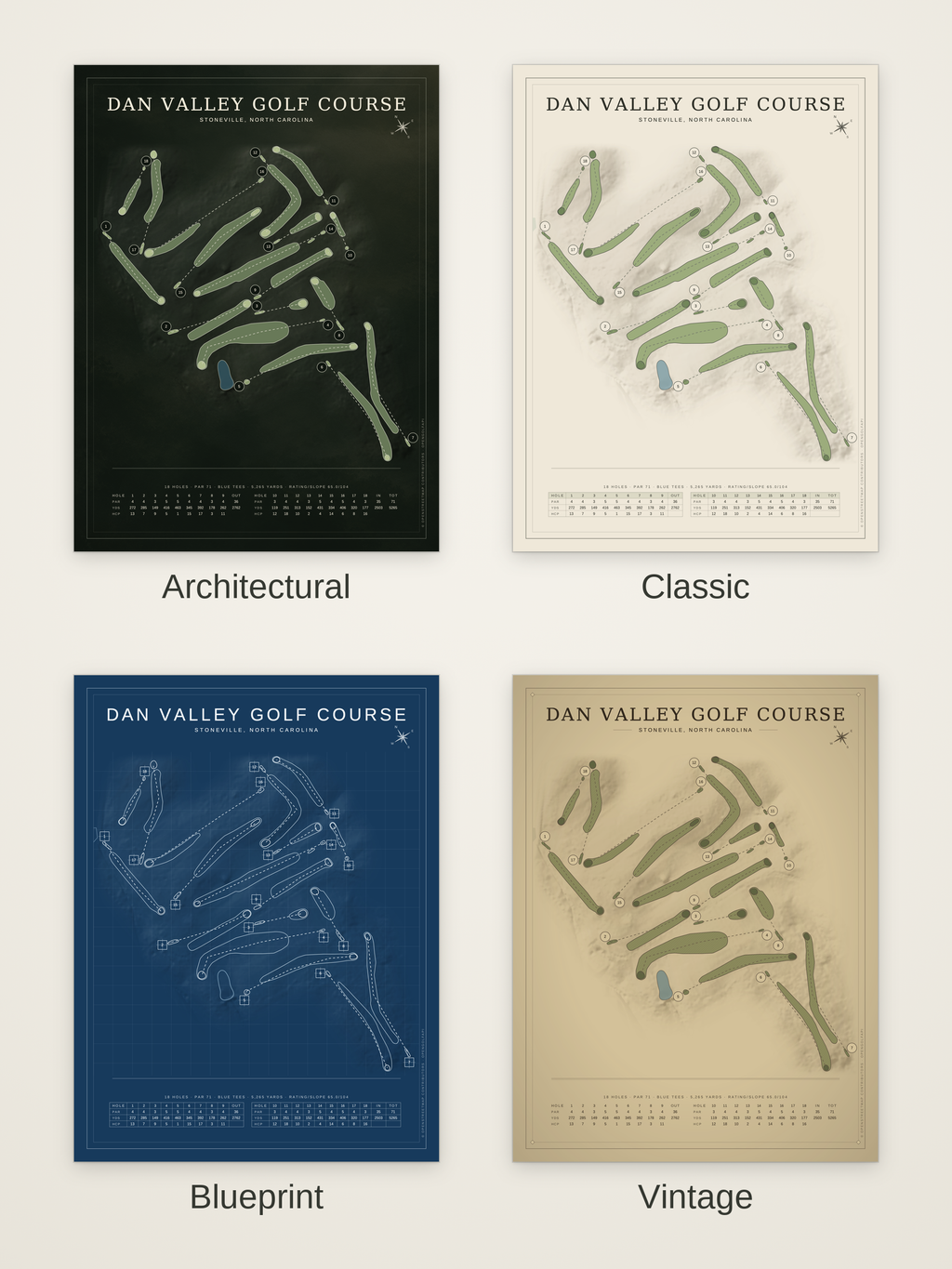 Dan Valley Golf Course map poster in four styles: Architectural, Classic, Blueprint and Vintage