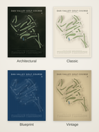 Dan Valley Golf Course map poster in four styles: Architectural, Classic, Blueprint and Vintage