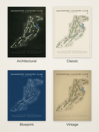 Davenport Country Club course map poster in four styles: Architectural, Classic, Blueprint and Vintage