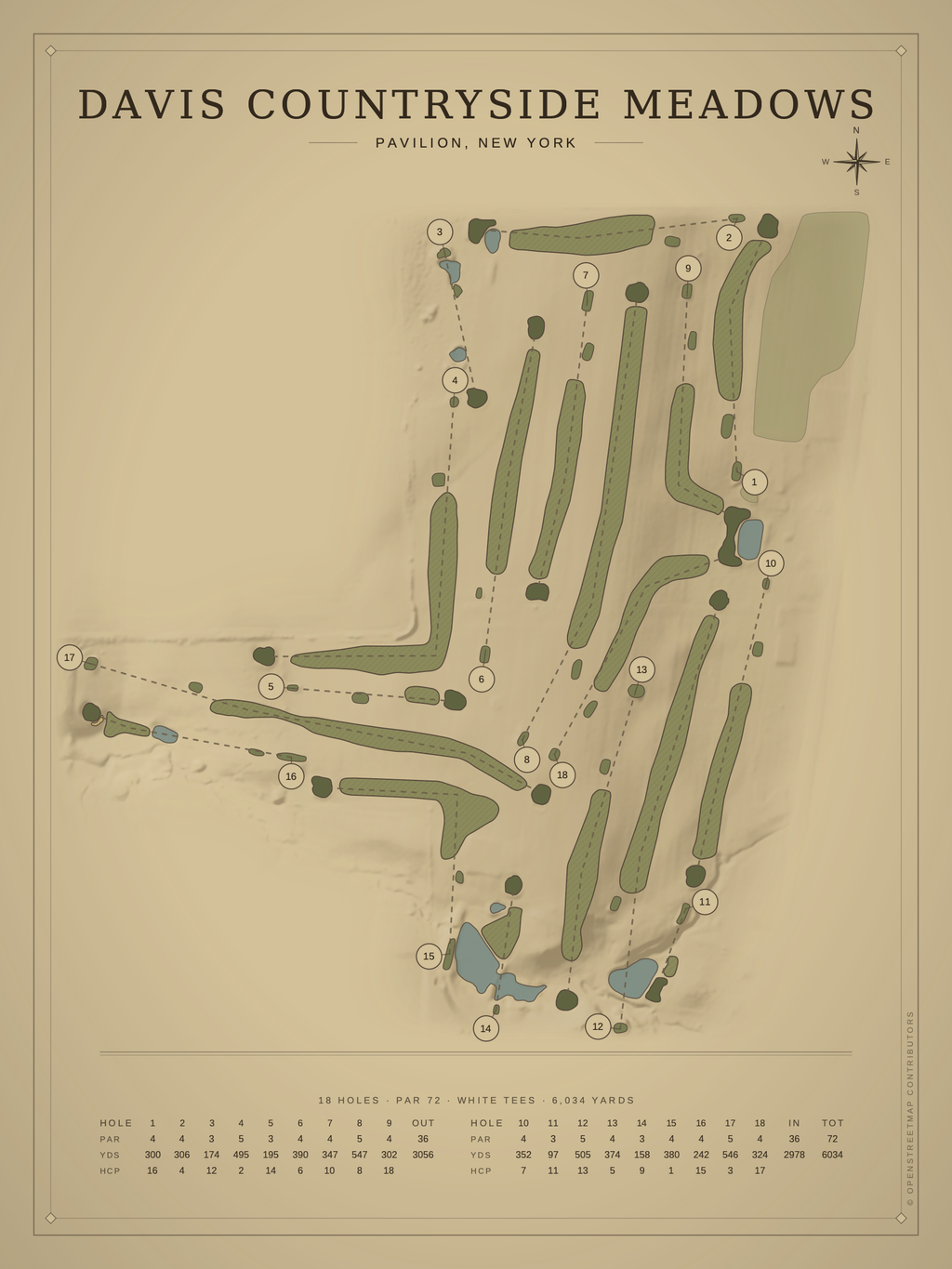 Davis Countryside Meadows course map poster, Vintage style, 12×16 / 18×24
