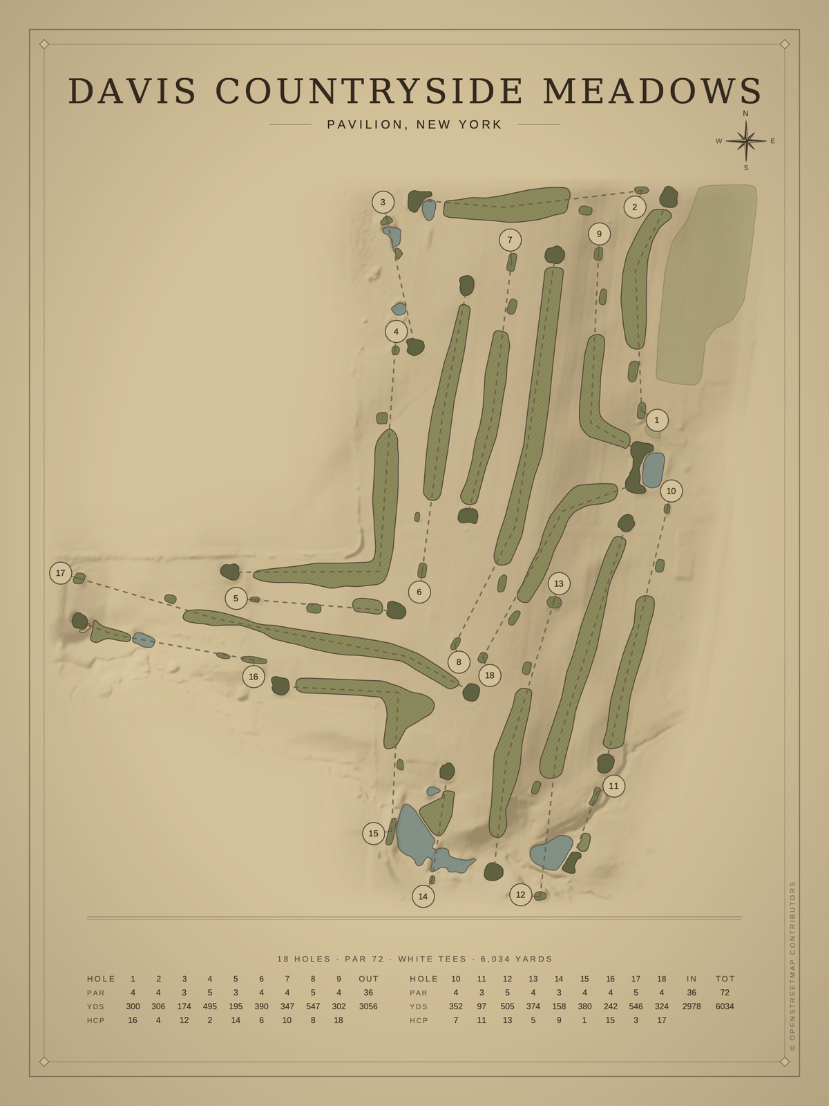 Davis Countryside Meadows course map poster, Vintage style, 12×16 / 18×24