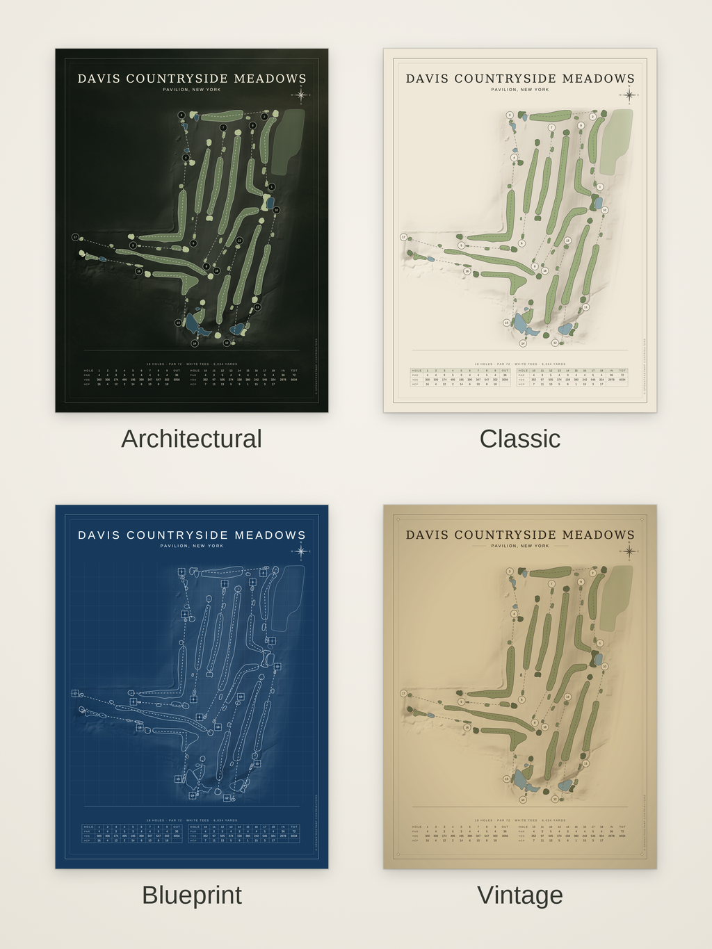 Davis Countryside Meadows course map poster in four styles: Architectural, Classic, Blueprint and Vintage