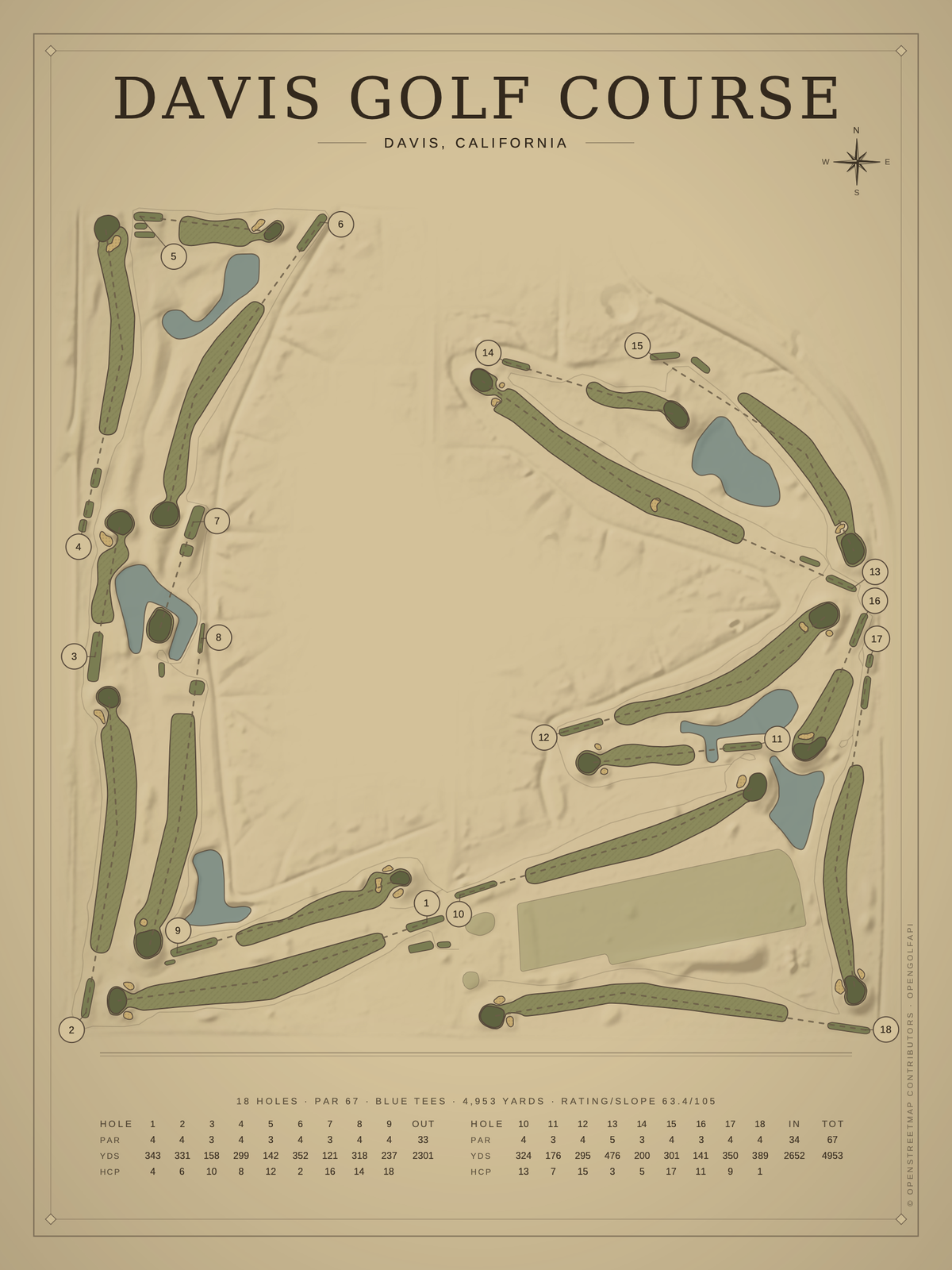 Davis Golf Course map poster, Vintage style, 12×16 / 18×24
