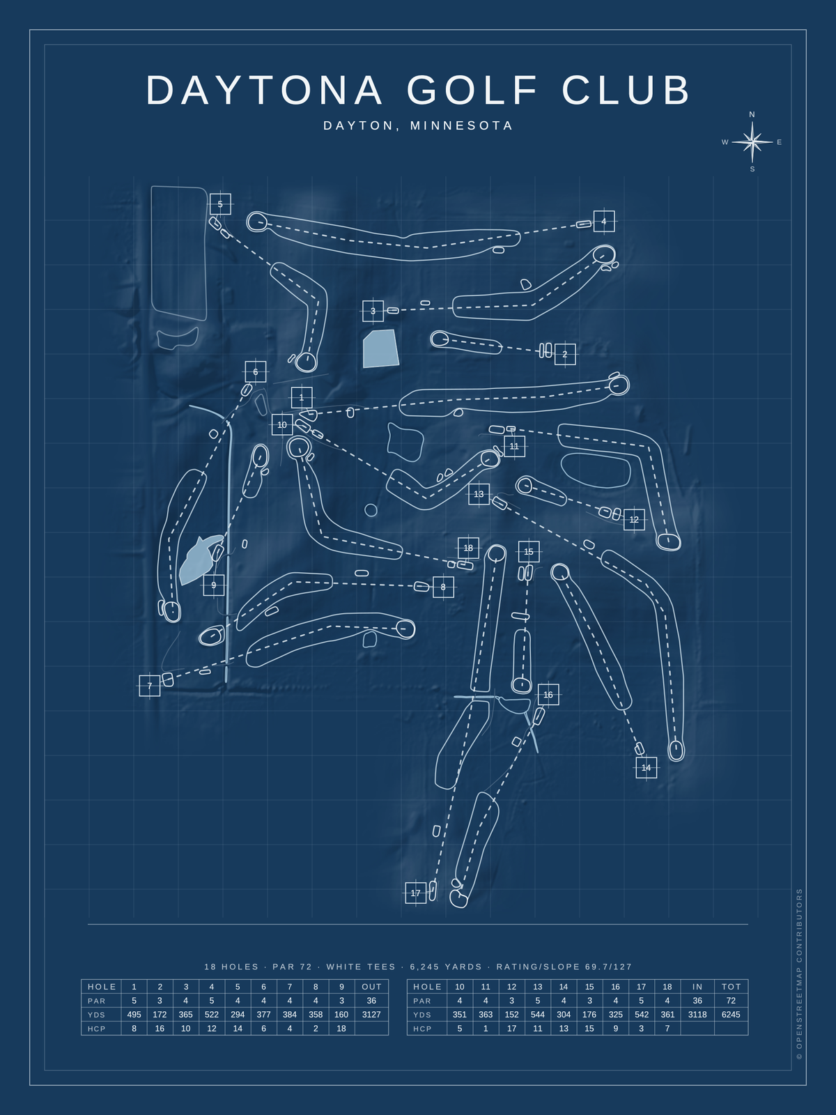 Daytona Golf Club course map poster, Blueprint style, 12×16 / 18×24