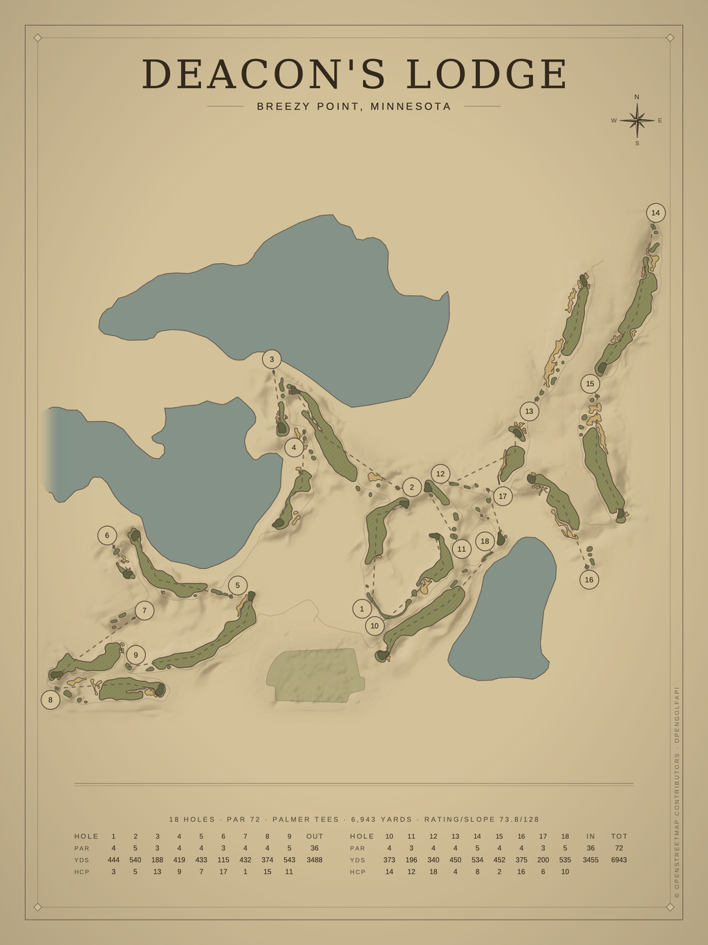Deacon's Lodge course map poster, Vintage style, 12×16 / 18×24