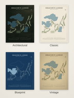 Deacon's Lodge course map poster in four styles: Architectural, Classic, Blueprint and Vintage