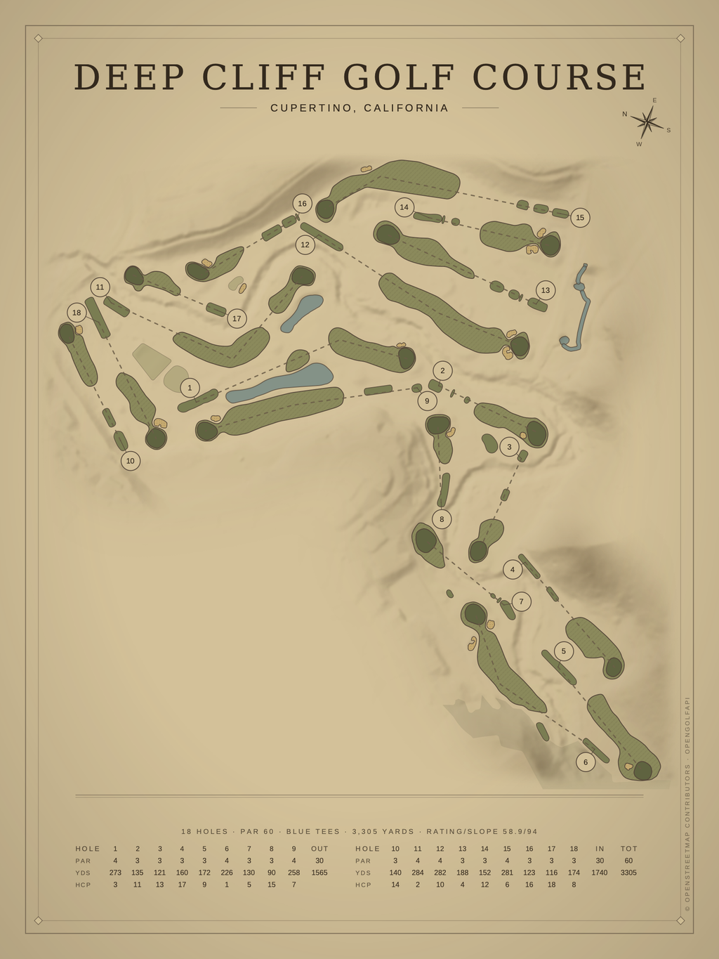 Deep Cliff Golf Course map poster, Vintage style, 12×16 / 18×24