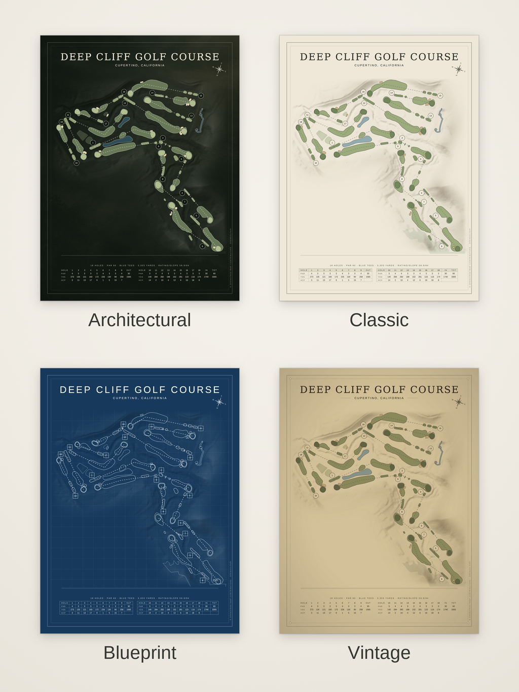 Deep Cliff Golf Course map poster in four styles: Architectural, Classic, Blueprint and Vintage