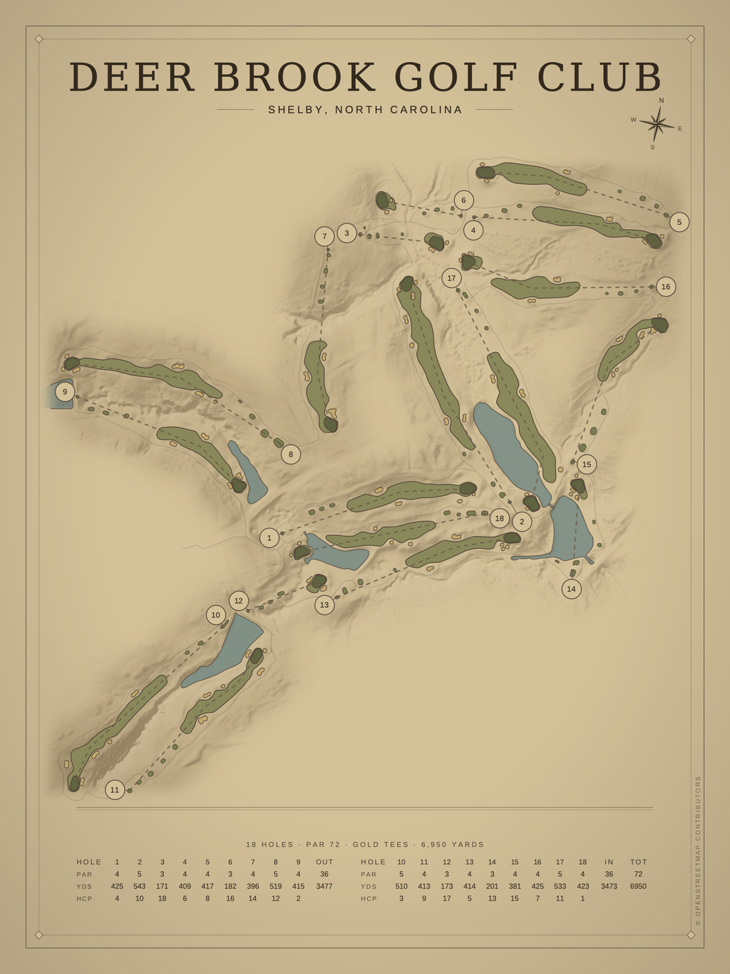 Deer Brook Golf Club course map poster, Vintage style, 12×16 / 18×24