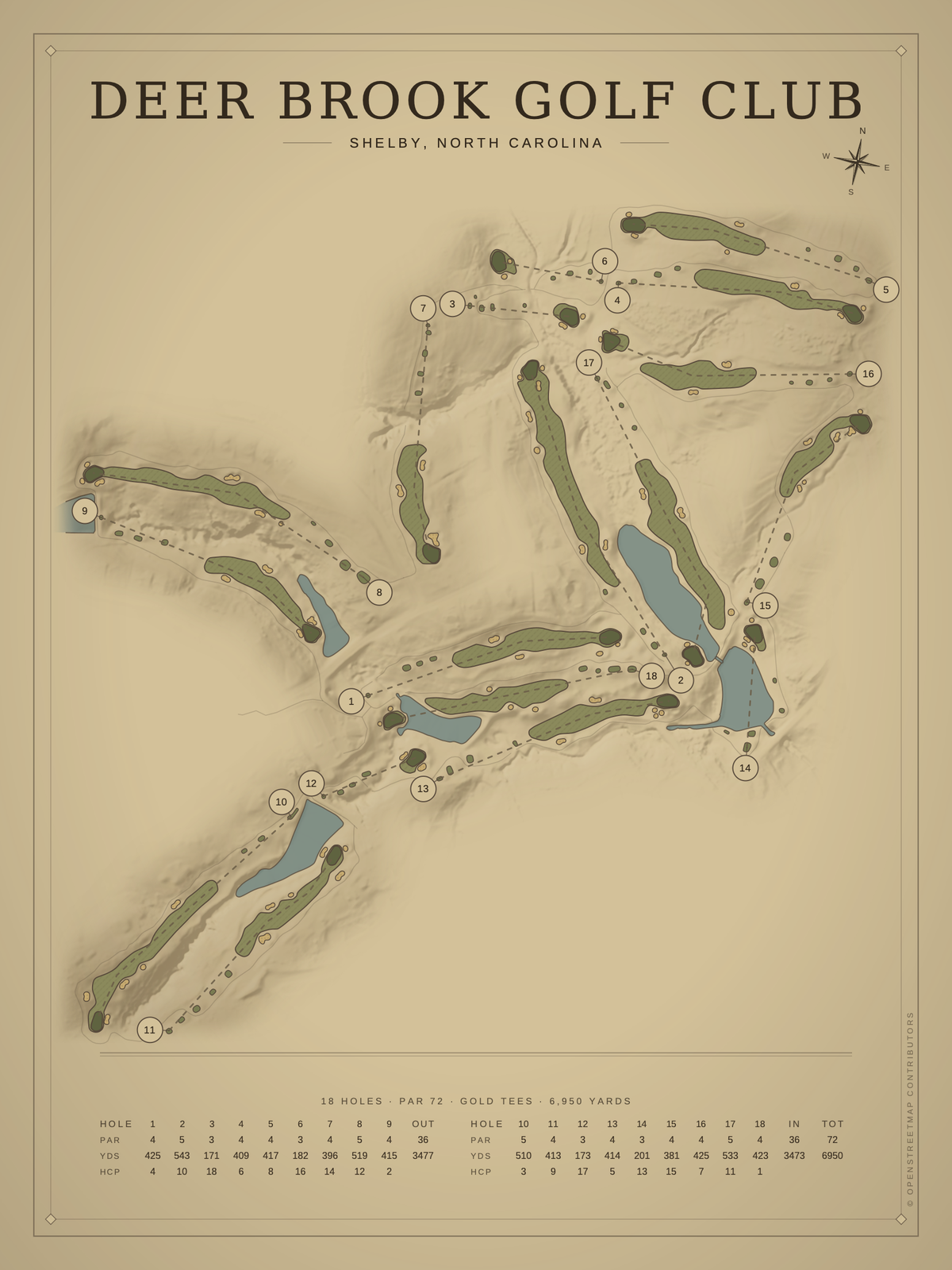 Deer Brook Golf Club course map poster, Vintage style, 12×16 / 18×24