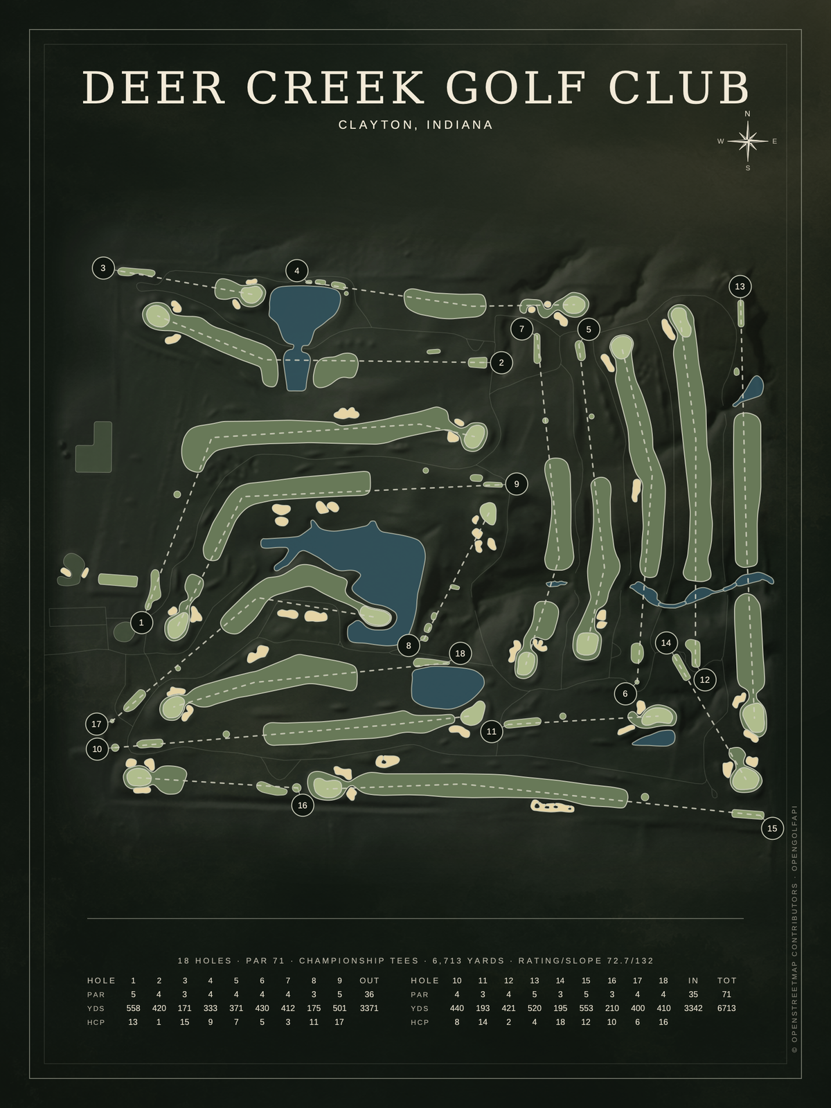 Deer Creek Golf Club course map poster, Architectural style, 12×16 / 18×24