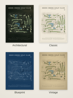 Deer Creek Golf Club course map poster in four styles: Architectural, Classic, Blueprint and Vintage