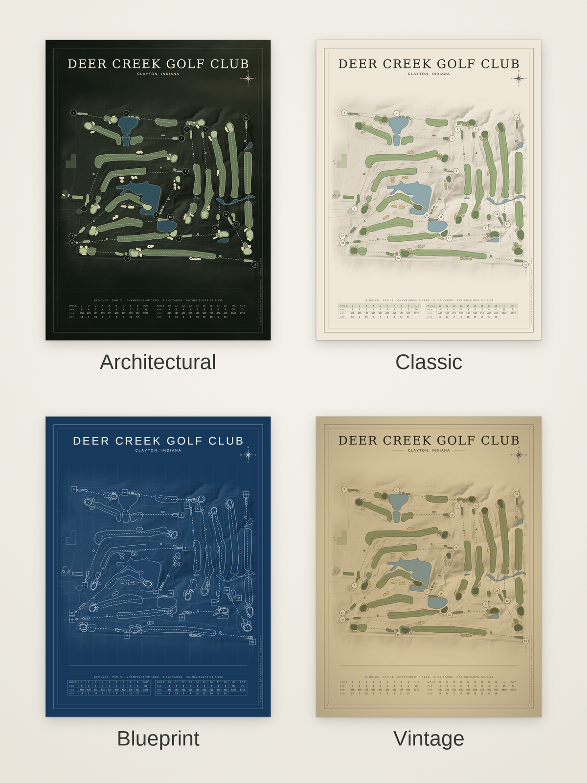 Deer Creek Golf Club course map poster in four styles: Architectural, Classic, Blueprint and Vintage