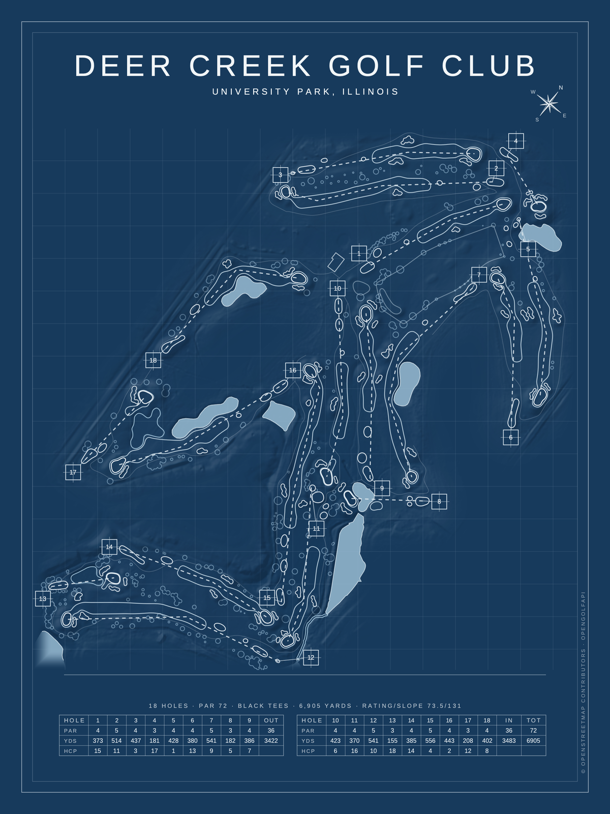 Deer Creek Golf Club (University Park) course map poster, Blueprint style, 12×16 / 18×24