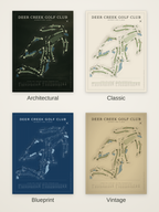 Deer Creek Golf Club (University Park) course map poster in four styles: Architectural, Classic, Blueprint and Vintage