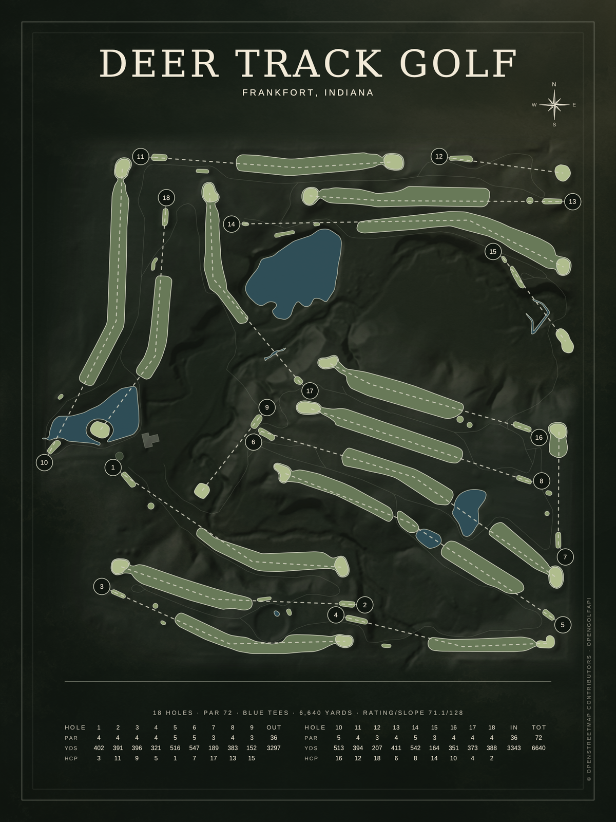 Deer Track Golf course map poster, Architectural style, 12×16 / 18×24
