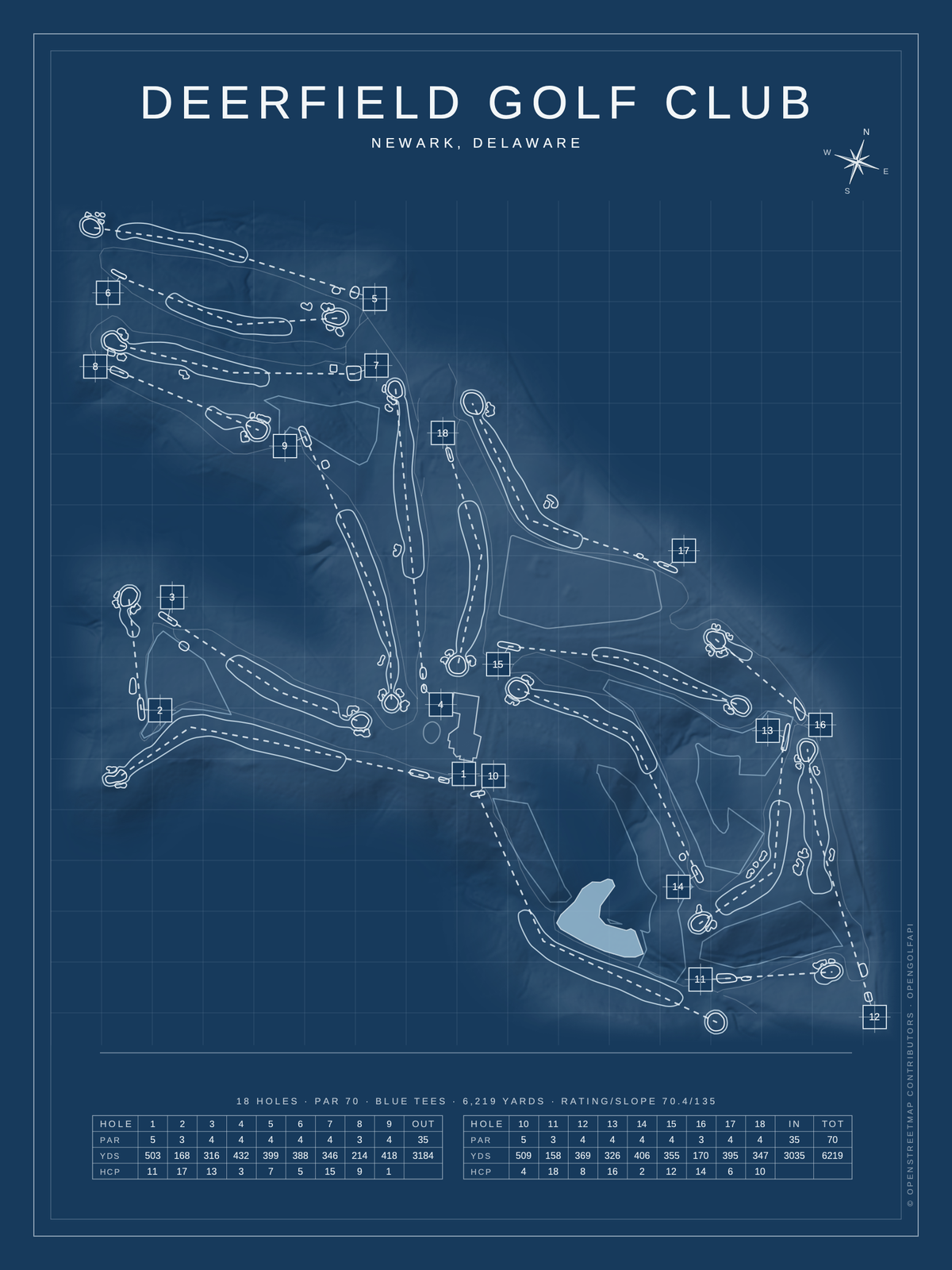 Deerfield Golf Club (Newark) course map poster, Blueprint style, 12×16 / 18×24