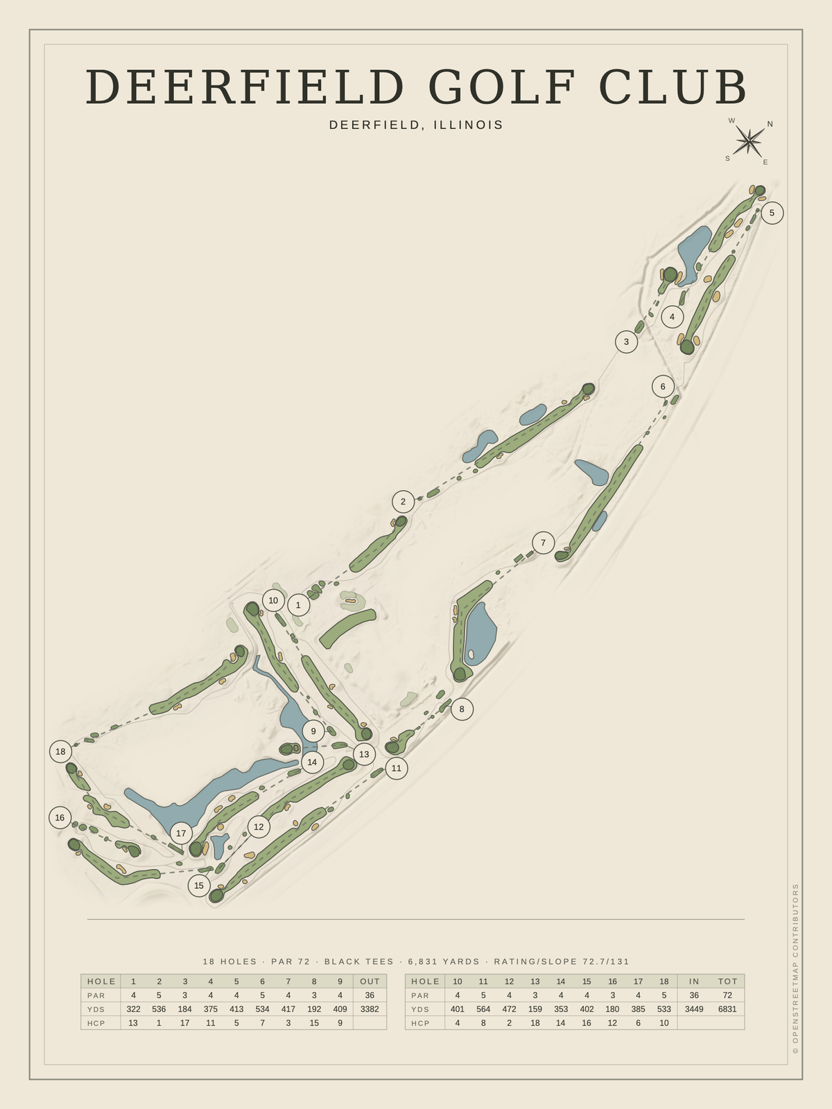 Deerfield Golf Club course map poster, Classic style, 12×16 / 18×24