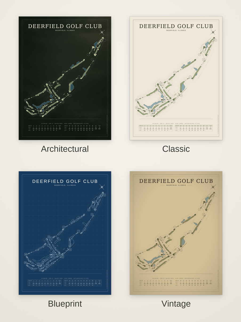 Deerfield Golf Club course map poster in four styles: Architectural, Classic, Blueprint and Vintage