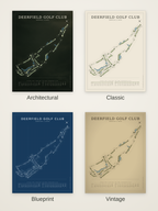 Deerfield Golf Club course map poster in four styles: Architectural, Classic, Blueprint and Vintage