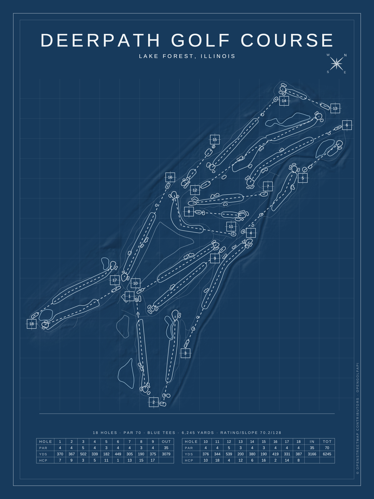 Deerpath Golf Course map poster, Blueprint style, 12×16 / 18×24