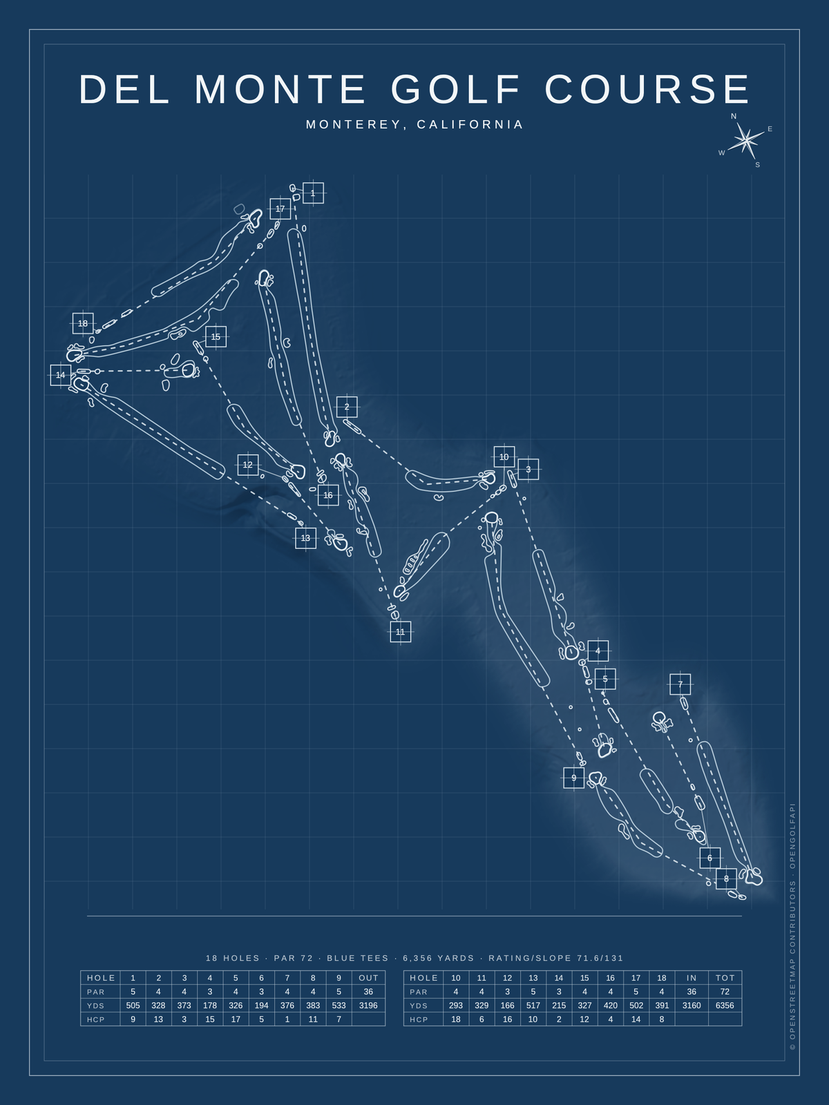 Del Monte Golf Course map poster, Blueprint style, 12×16 / 18×24