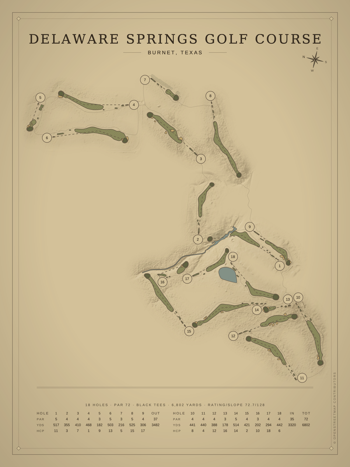Delaware Springs Golf Course map poster, Vintage style, 12×16 / 18×24