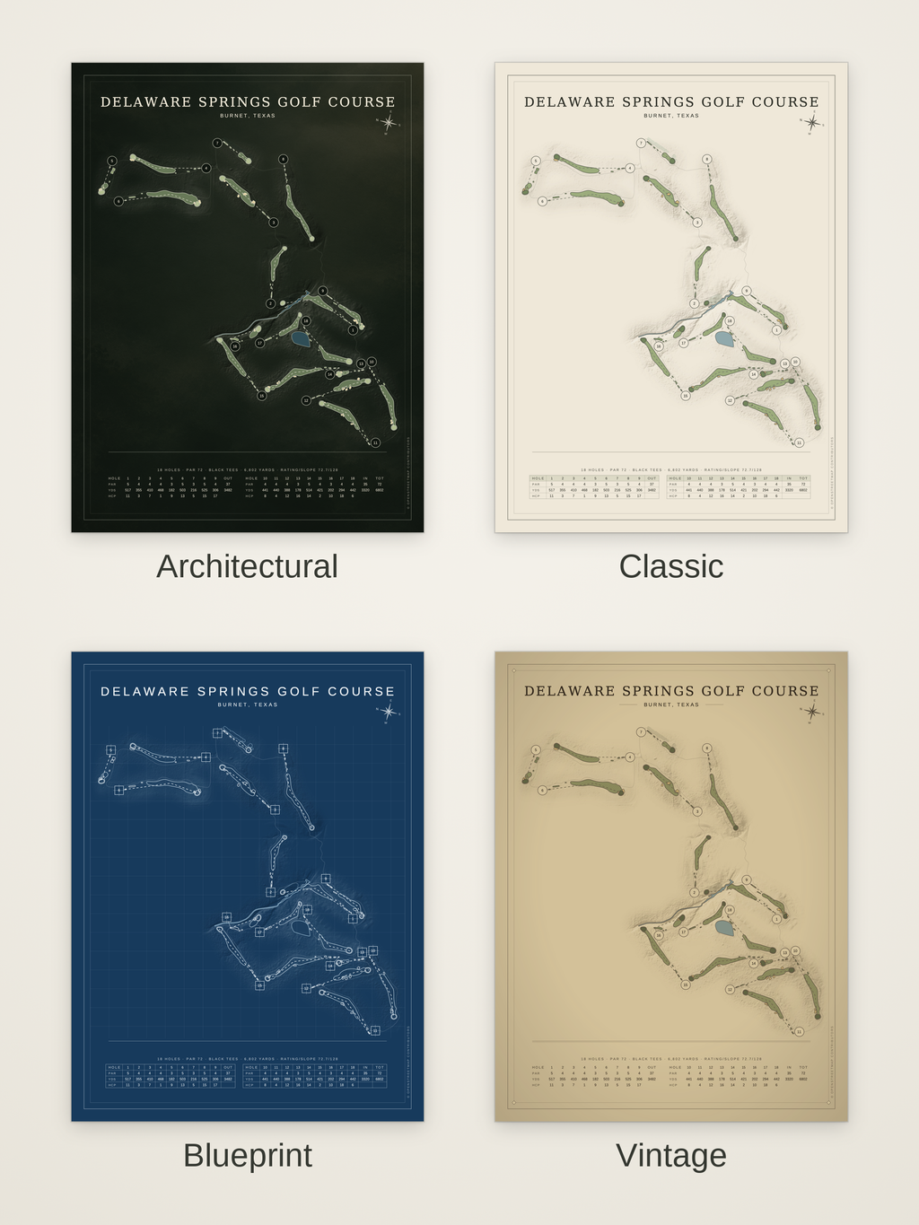 Delaware Springs Golf Course map poster in four styles: Architectural, Classic, Blueprint and Vintage