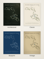 Delaware Springs Golf Course map poster in four styles: Architectural, Classic, Blueprint and Vintage
