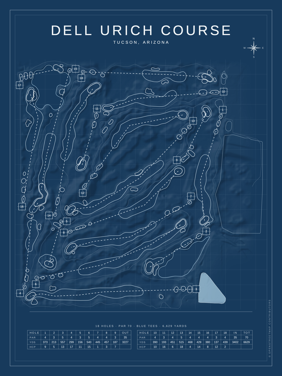 Dell Urich Course map poster, Blueprint style, 12×16 / 18×24