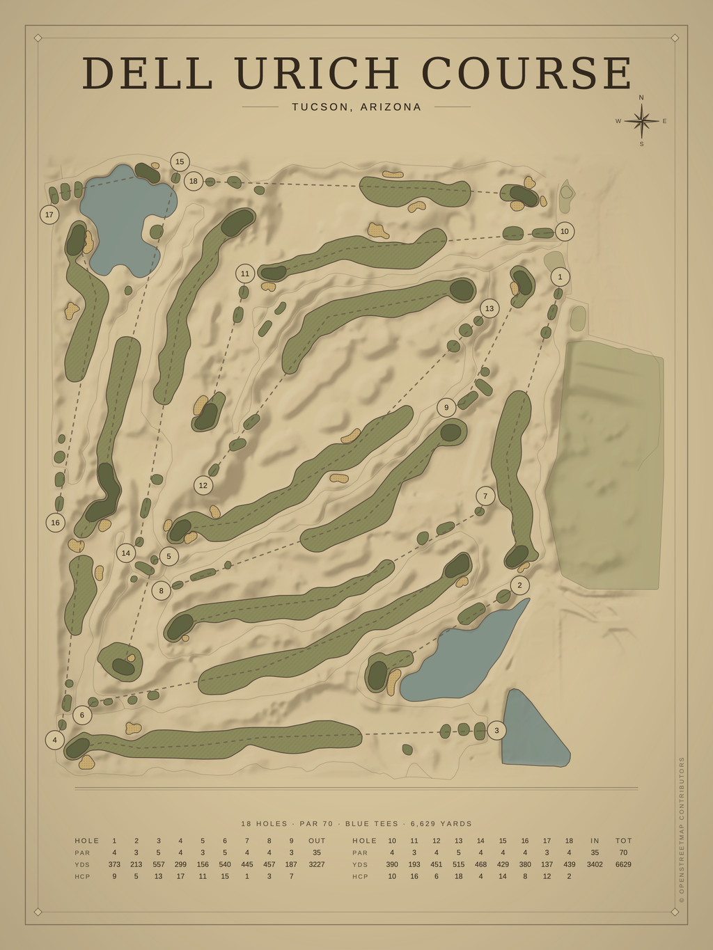 Dell Urich Course map poster, Vintage style, 12×16 / 18×24