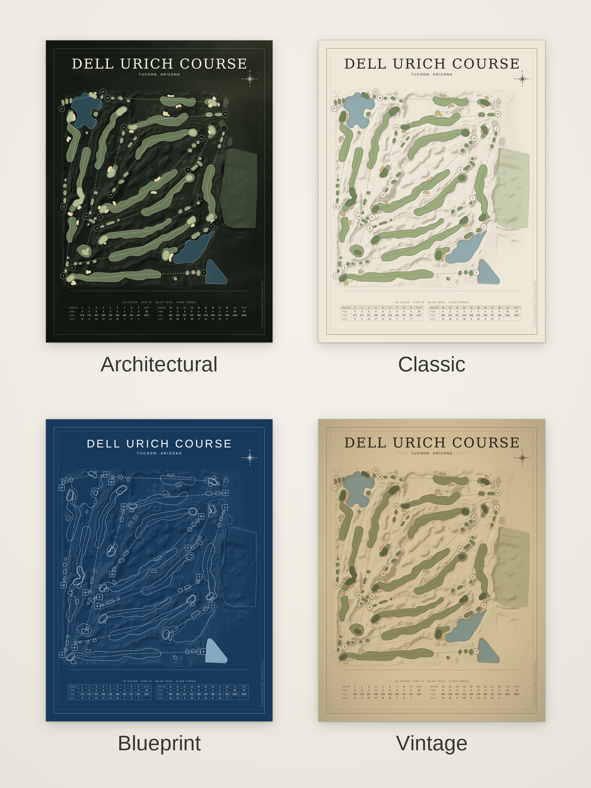 Dell Urich Course map poster in four styles: Architectural, Classic, Blueprint and Vintage