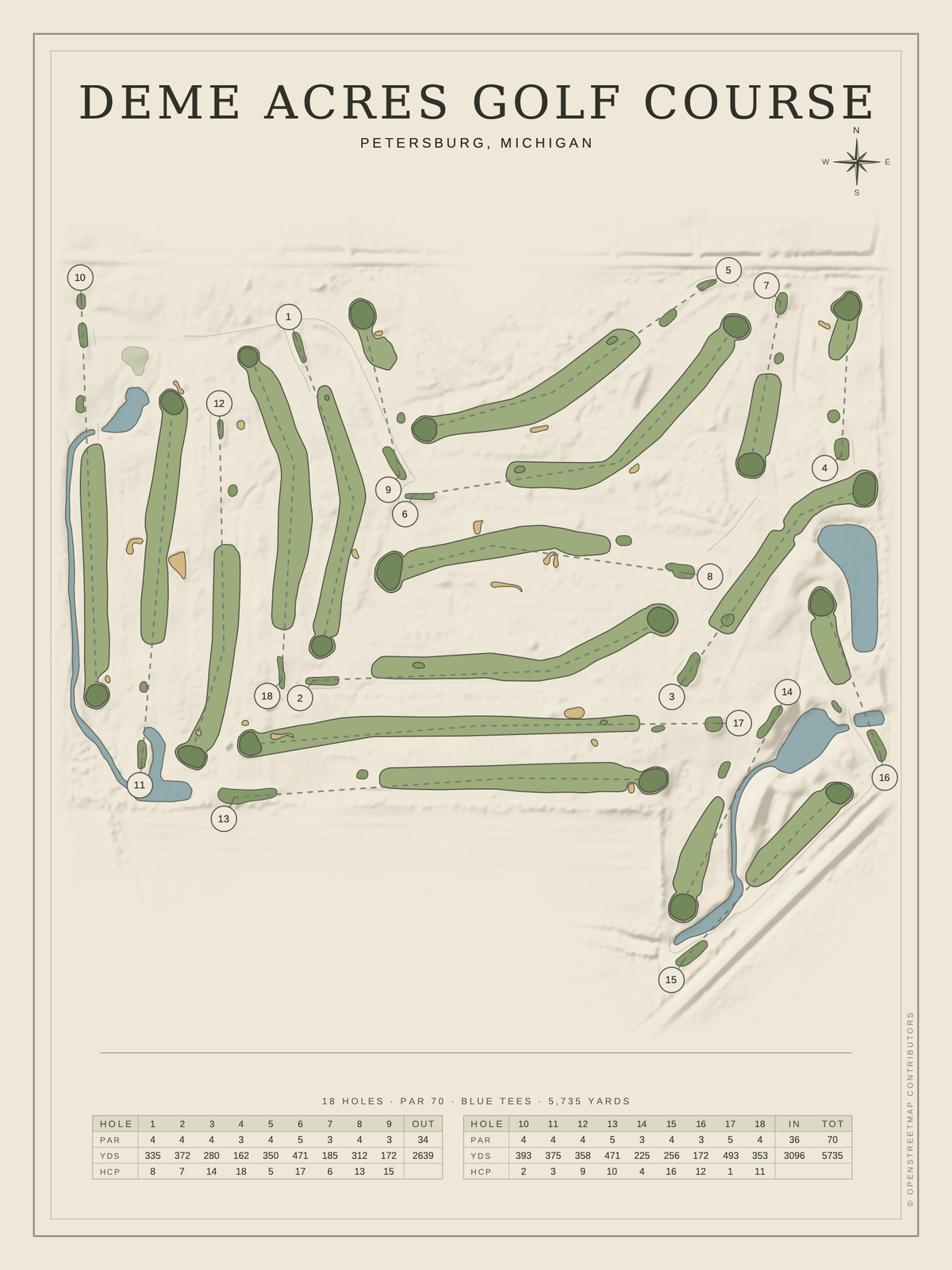 Deme Acres Golf Course map poster, Classic style, 12×16 / 18×24