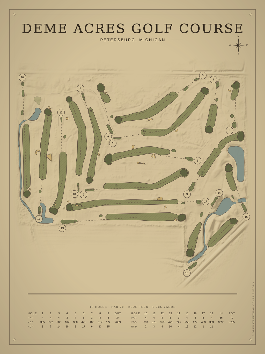 Deme Acres Golf Course map poster, Vintage style, 12×16 / 18×24