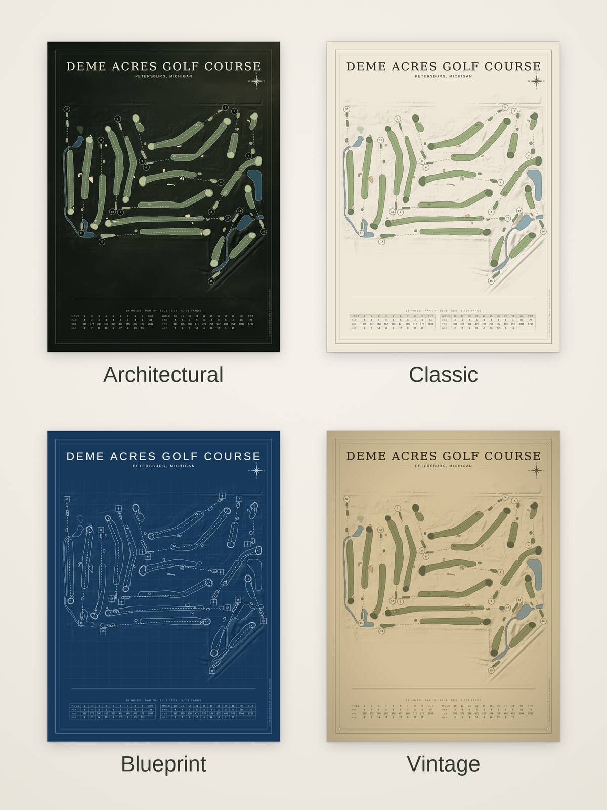 Deme Acres Golf Course map poster in four styles: Architectural, Classic, Blueprint and Vintage