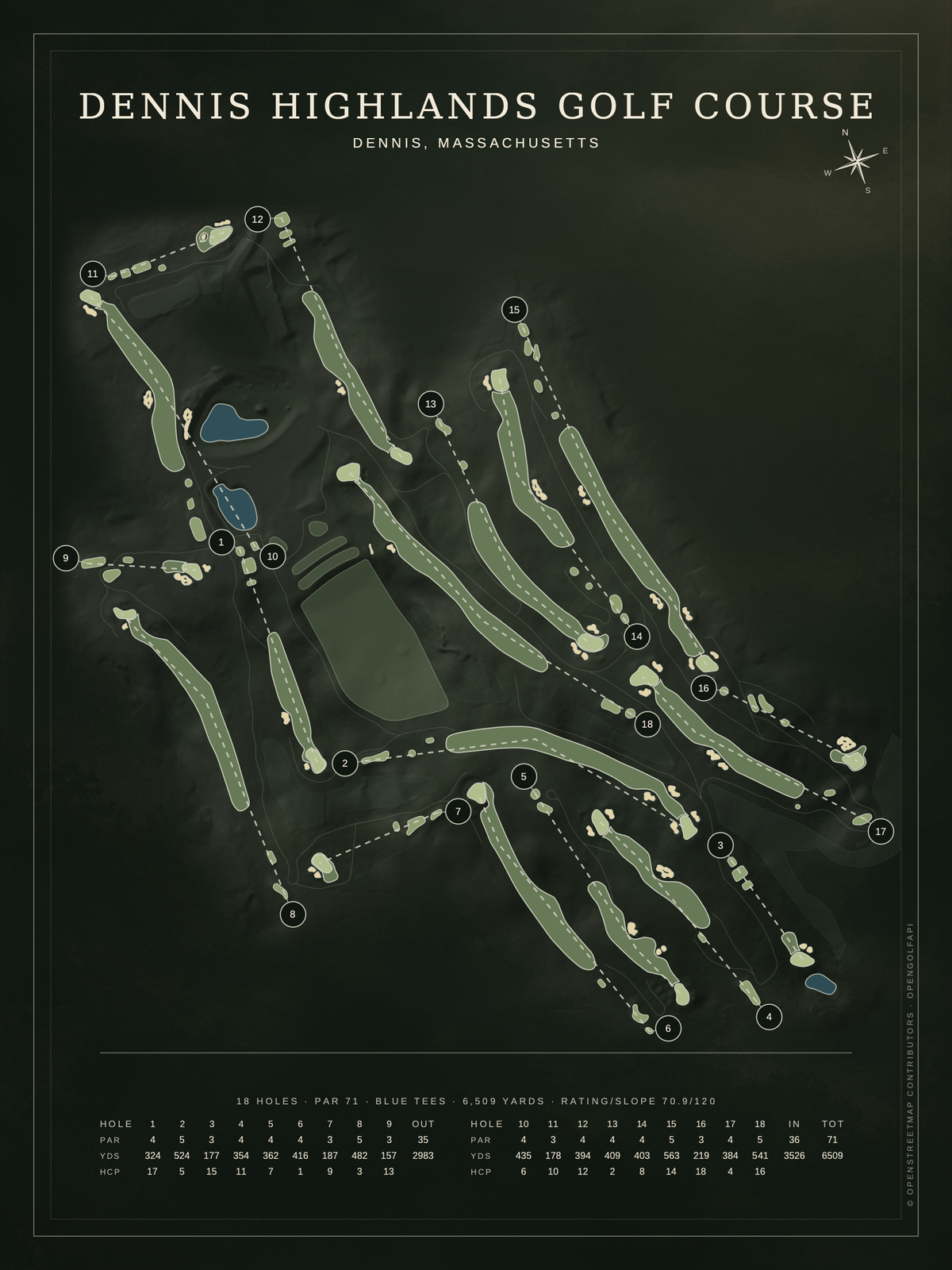 Dennis Highlands Golf Course map poster, Architectural style, 12×16 / 18×24
