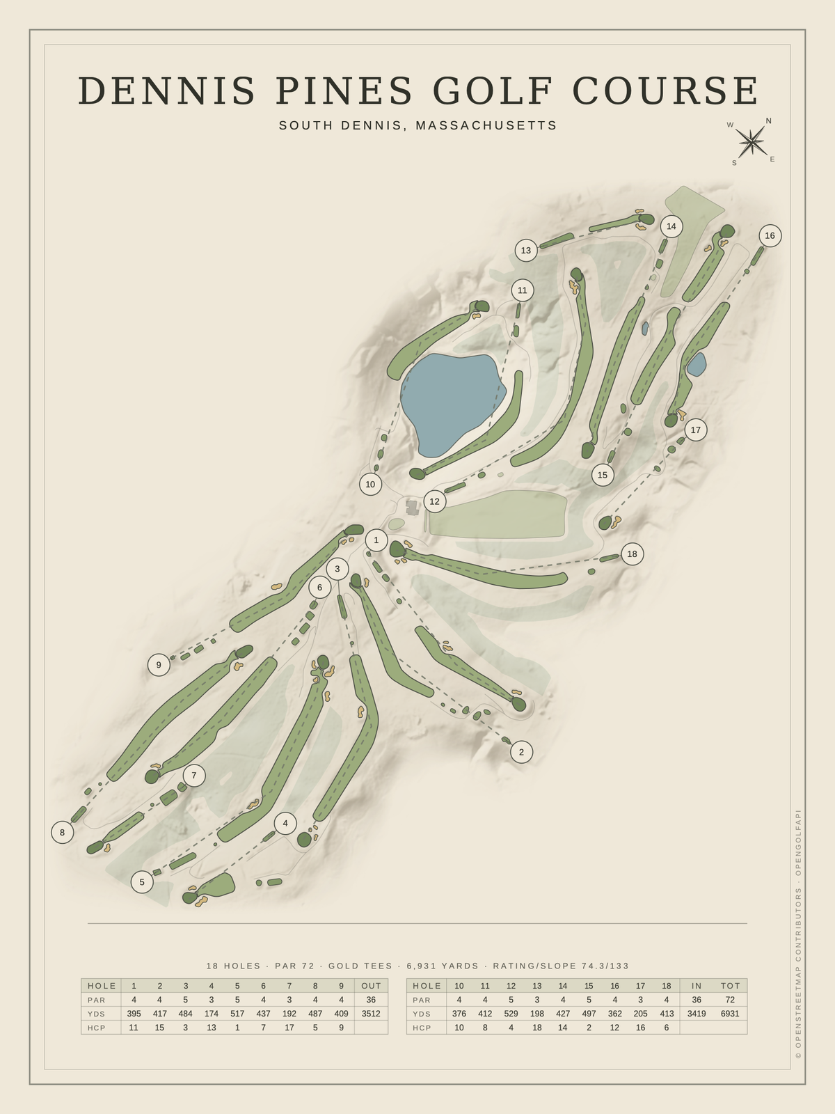Dennis Pines Golf Course map poster, Classic style, 12×16 / 18×24