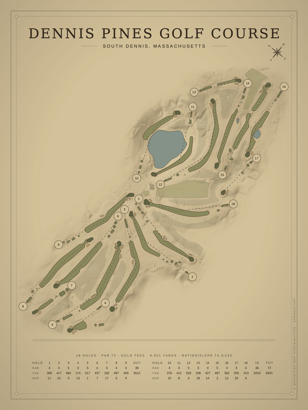 Dennis Pines Golf Course map poster, Vintage style, 12×16 / 18×24