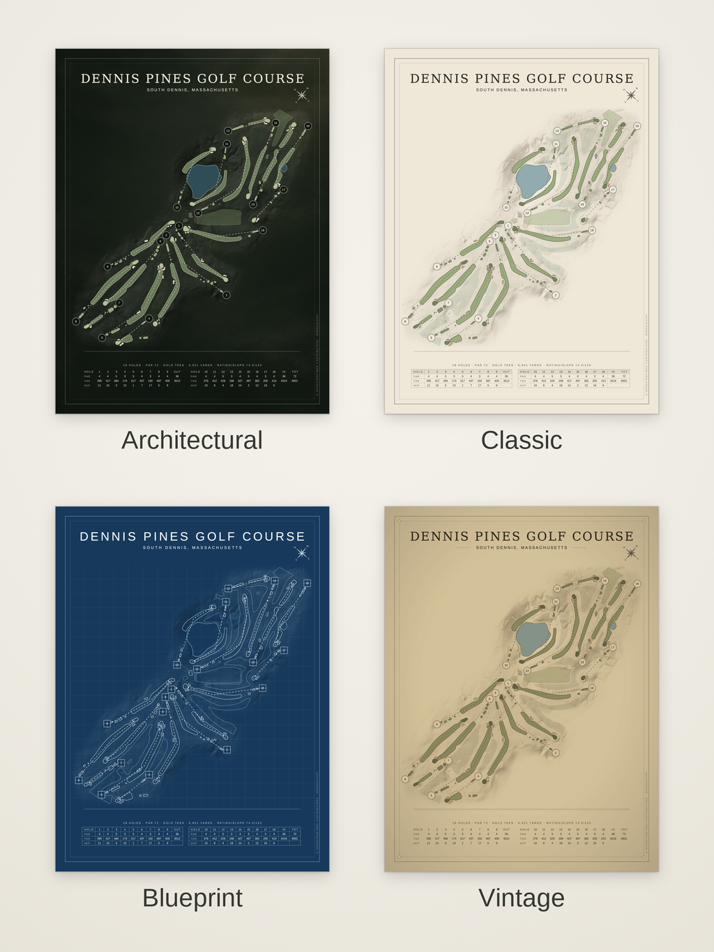 Dennis Pines Golf Course map poster in four styles: Architectural, Classic, Blueprint and Vintage