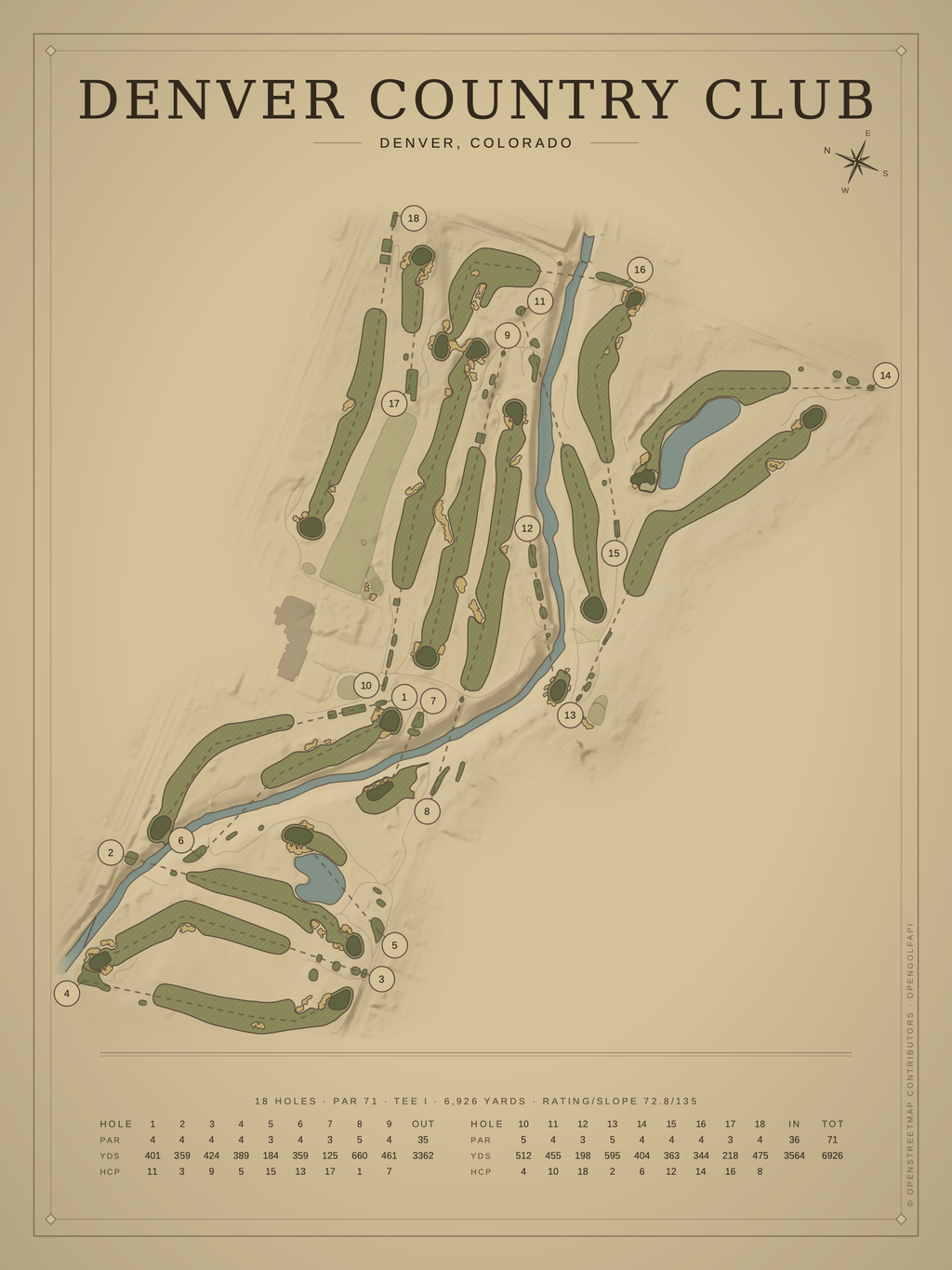 Denver Country Club course map poster, Vintage style, 12×16 / 18×24