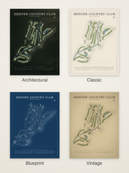 Denver Country Club course map poster in four styles: Architectural, Classic, Blueprint and Vintage