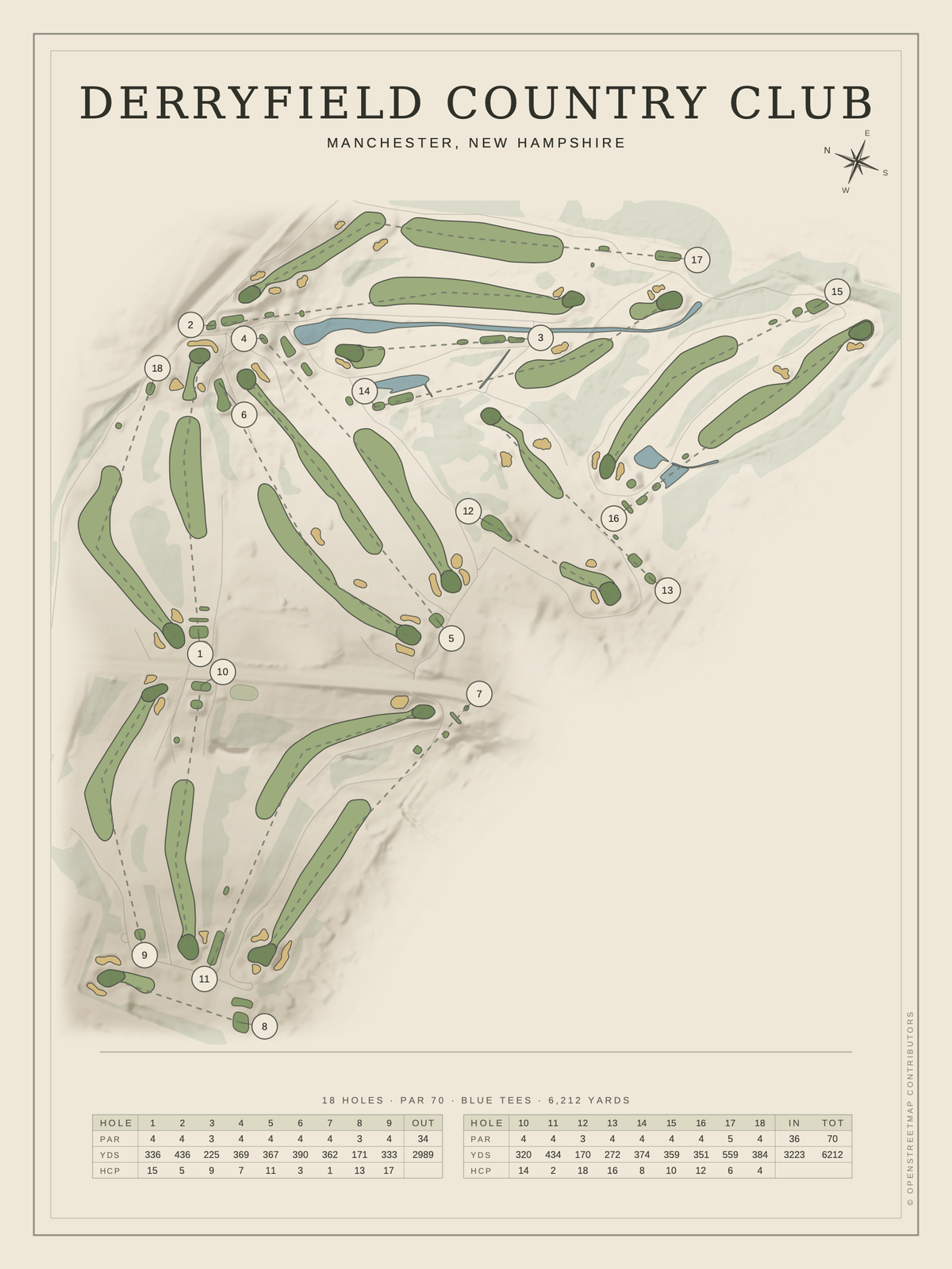 Derryfield Country Club course map poster, Classic style, 12×16 / 18×24